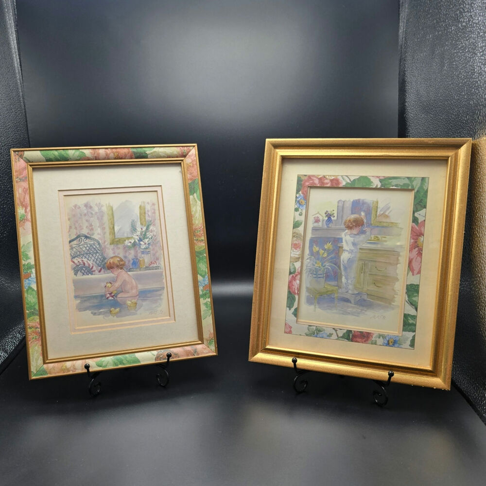 90s Vintage Child Print Art set of 2 signed by artist
